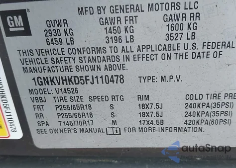 2015 Chevrolet Traverse 2Lt z USA, uszkodzony, nr VIN 1GNKVHKD5FJ110478